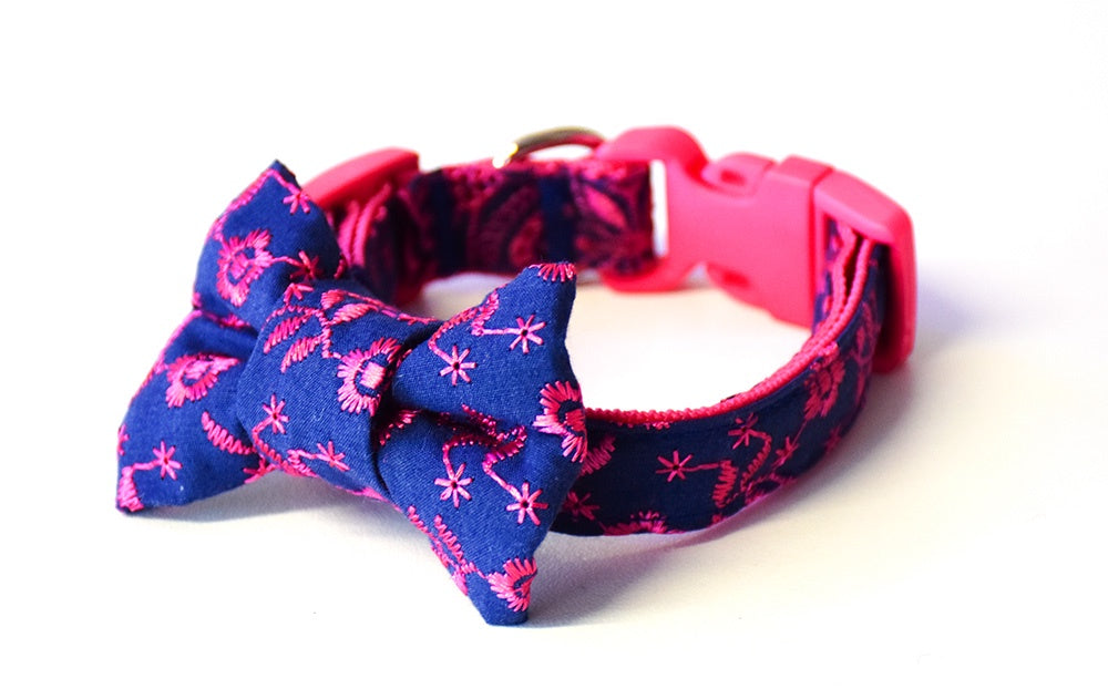 Navy and Pink Embroidered Bow